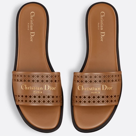 Dior Shoes - Dior D-Lane Dway Micro Cannage Chestnut Brown Leather Logo Slide Flat Sandal 39